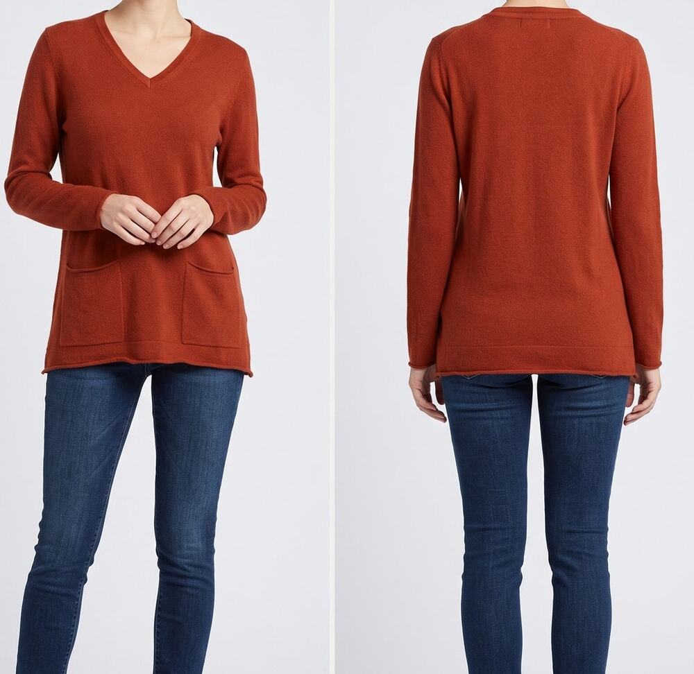 Dialogue Medium Merino Wool Acrylic Sweater V Neck Pockets Red Orange